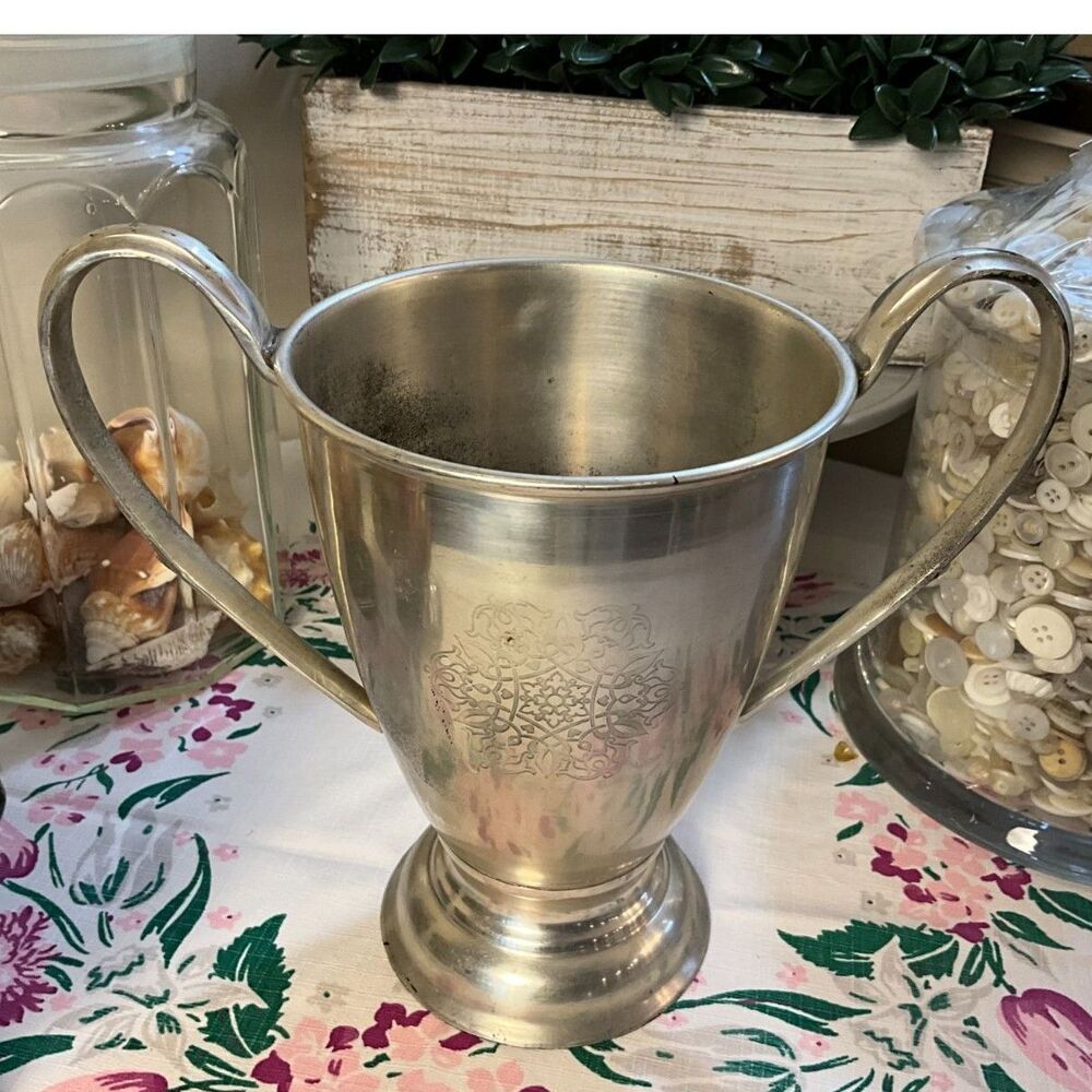 Vintage Loving Cup Style Vase silverplate etched design so pretty Cottagecore